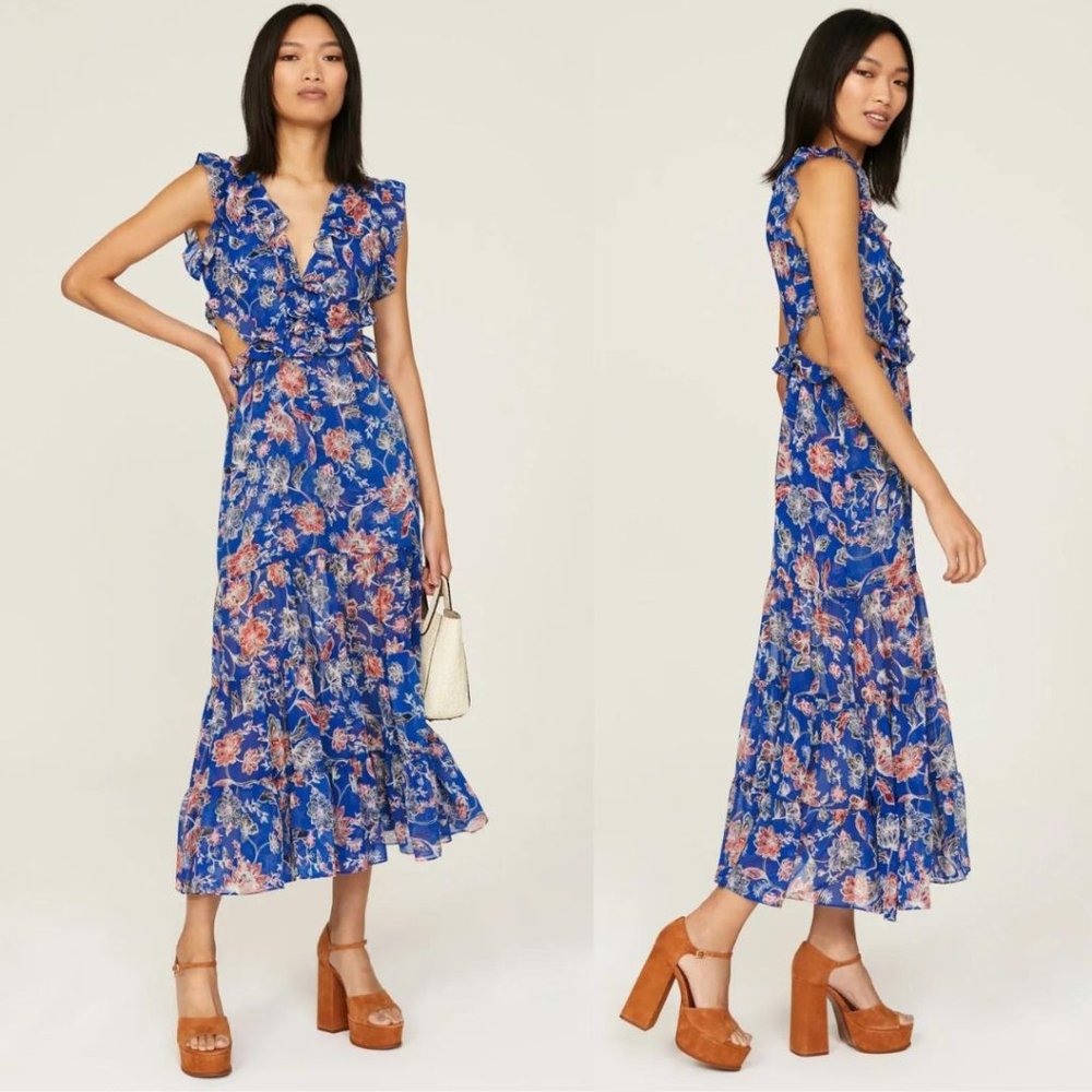 MISA Los Angeles Natasha Cut-Out Ruffled Midi-Dress in Sirenuse Floral - NWOT